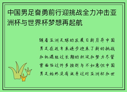 中国男足奋勇前行迎挑战全力冲击亚洲杯与世界杯梦想再起航