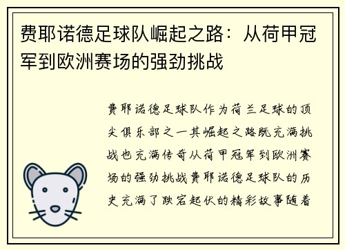 费耶诺德足球队崛起之路：从荷甲冠军到欧洲赛场的强劲挑战