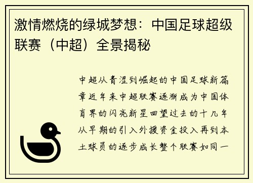 激情燃烧的绿城梦想：中国足球超级联赛（中超）全景揭秘