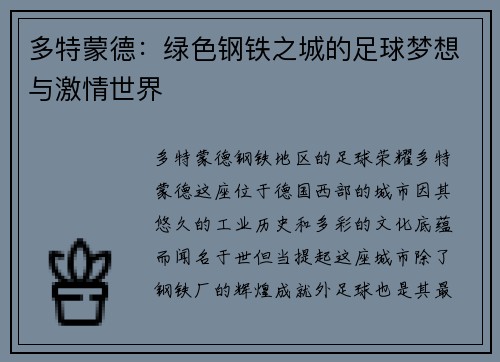 多特蒙德：绿色钢铁之城的足球梦想与激情世界
