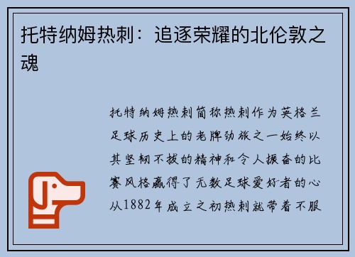 托特纳姆热刺：追逐荣耀的北伦敦之魂