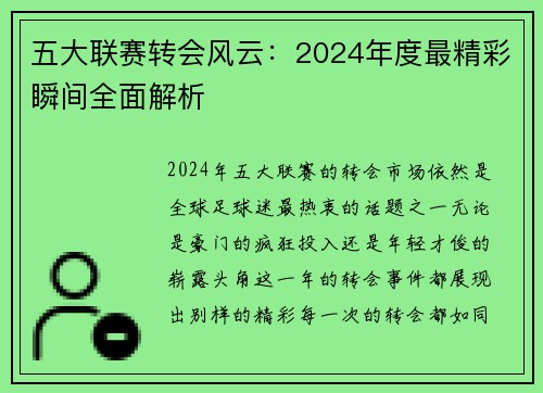 五大联赛转会风云：2024年度最精彩瞬间全面解析